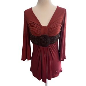 NWT Elegant SKY— V-Neck Tunic — Rust color Genuine Leather Belt Sz Small